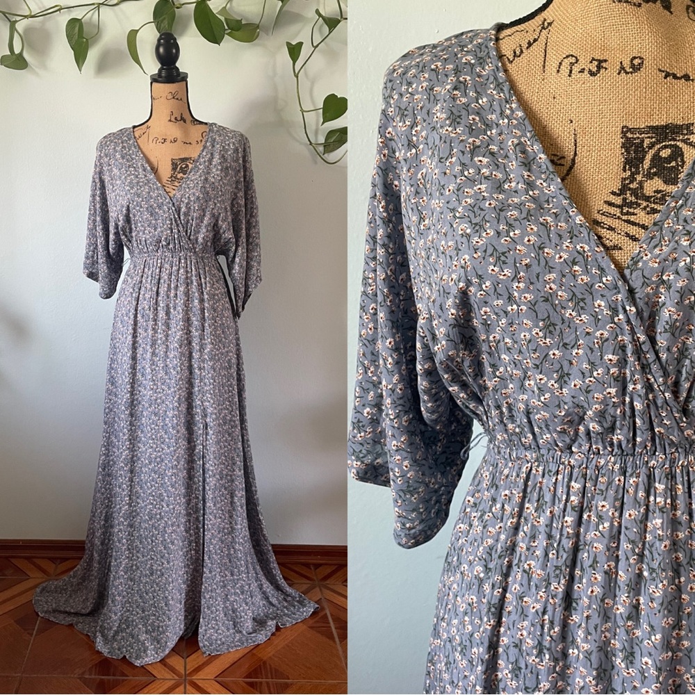 In The Beginning Blue Floral Faux Wrap Maxi Dress Size Small